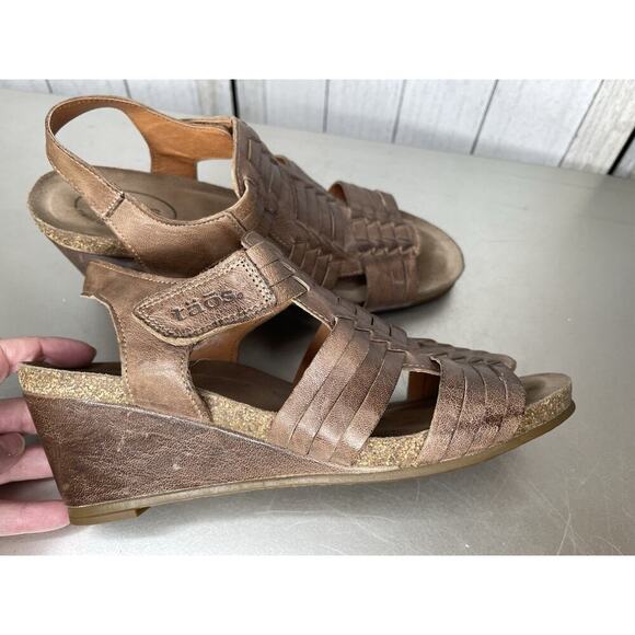 Taos Sandals Womens 8.5 Casual Strappy Slingback Wedge Brown Leather - Picture 3 of 5